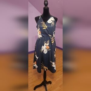 Navy Blue Dress With Orange And White Floral Pattern With Pockets